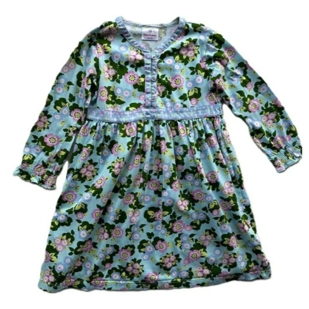 Hanna Andersson 120 Long Sleeve Skater Dress Girls 6-7 Blue Floral Multi Flowers